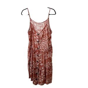 Ces Femme Red Rust White Floral Paisley Boho Strappy Tiered Dress Womens Size S